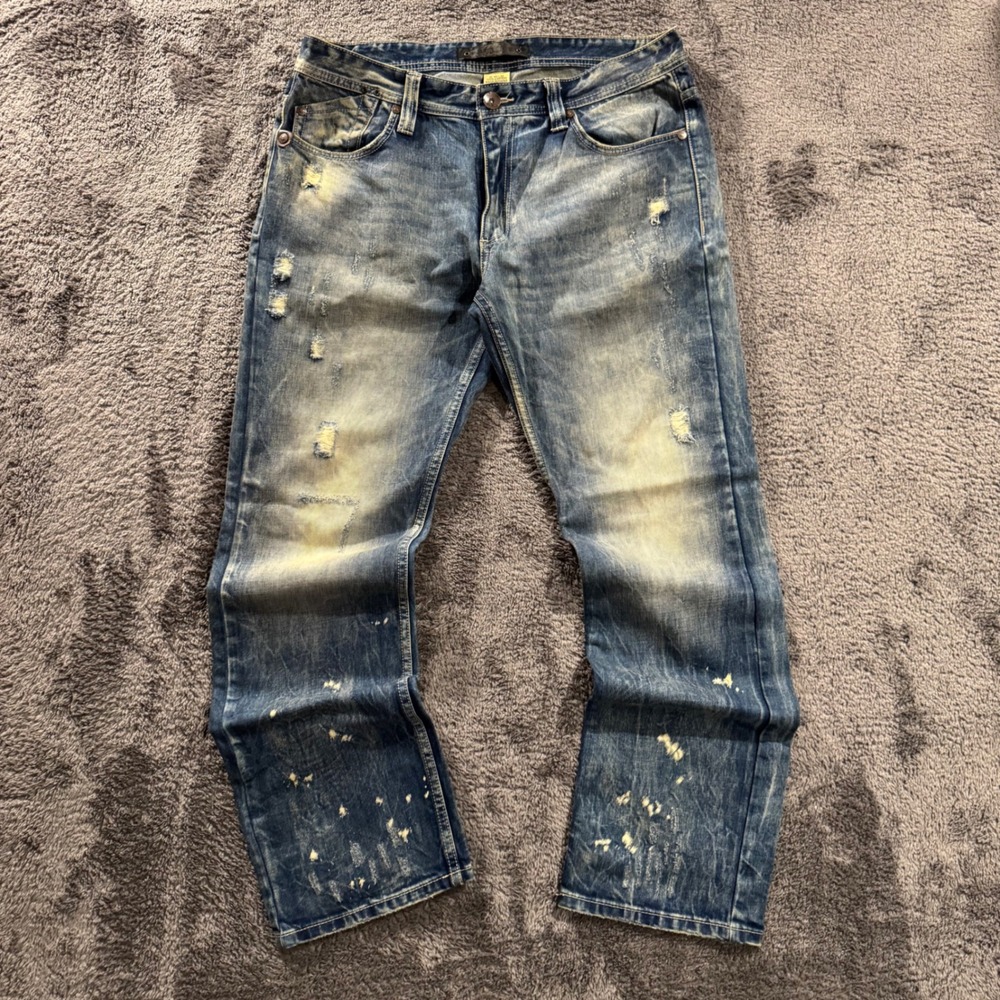 Level 7 Mens Distressed Vintage Wash Straight Leg Denim Jeans Blue 38x32